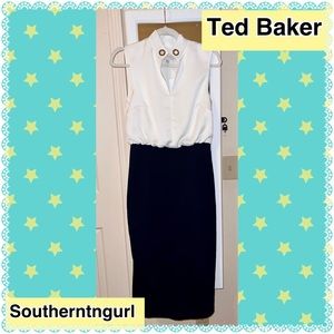 NWT TED BAKER  Blue and White Sleeveless Midi Sheath Dress